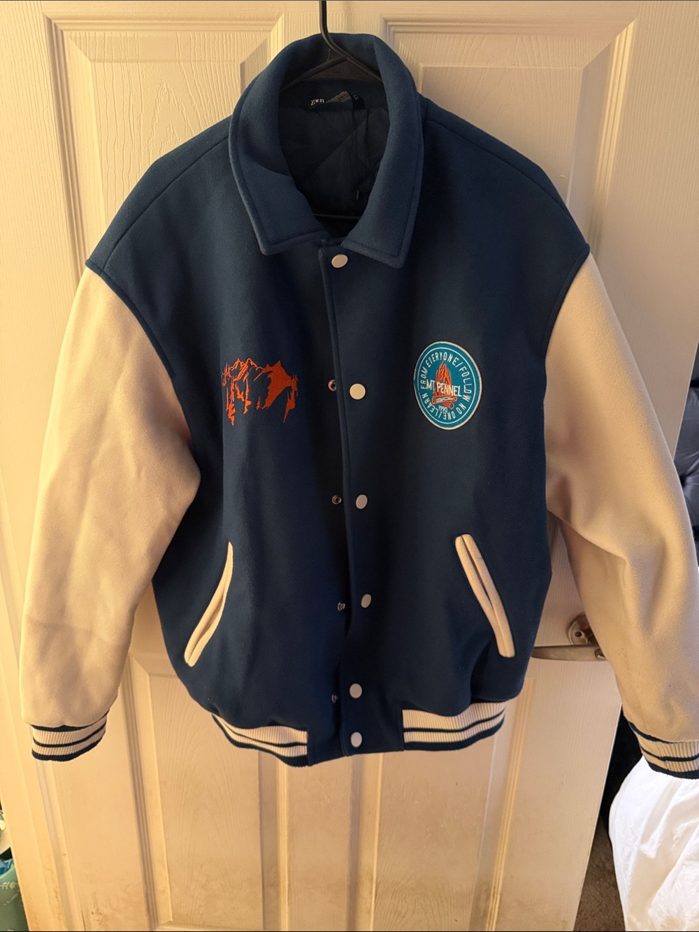 Zara Navy and Cream Varsity Jacket with Patch Accents